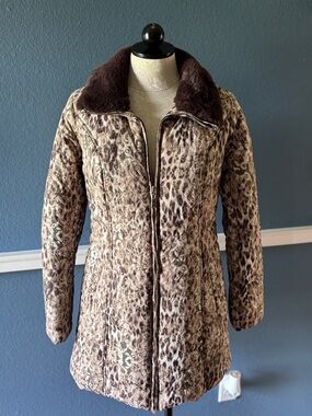 Dennis Basso Women’s Leapord Quilted Faux Fur Collar Trench Coat XXS